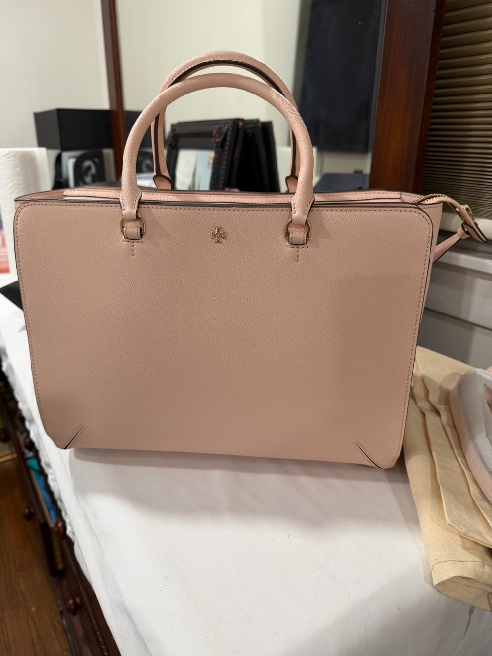 Tory Burch Pale Pink Saffiano Leather Satchel with Gold Logo